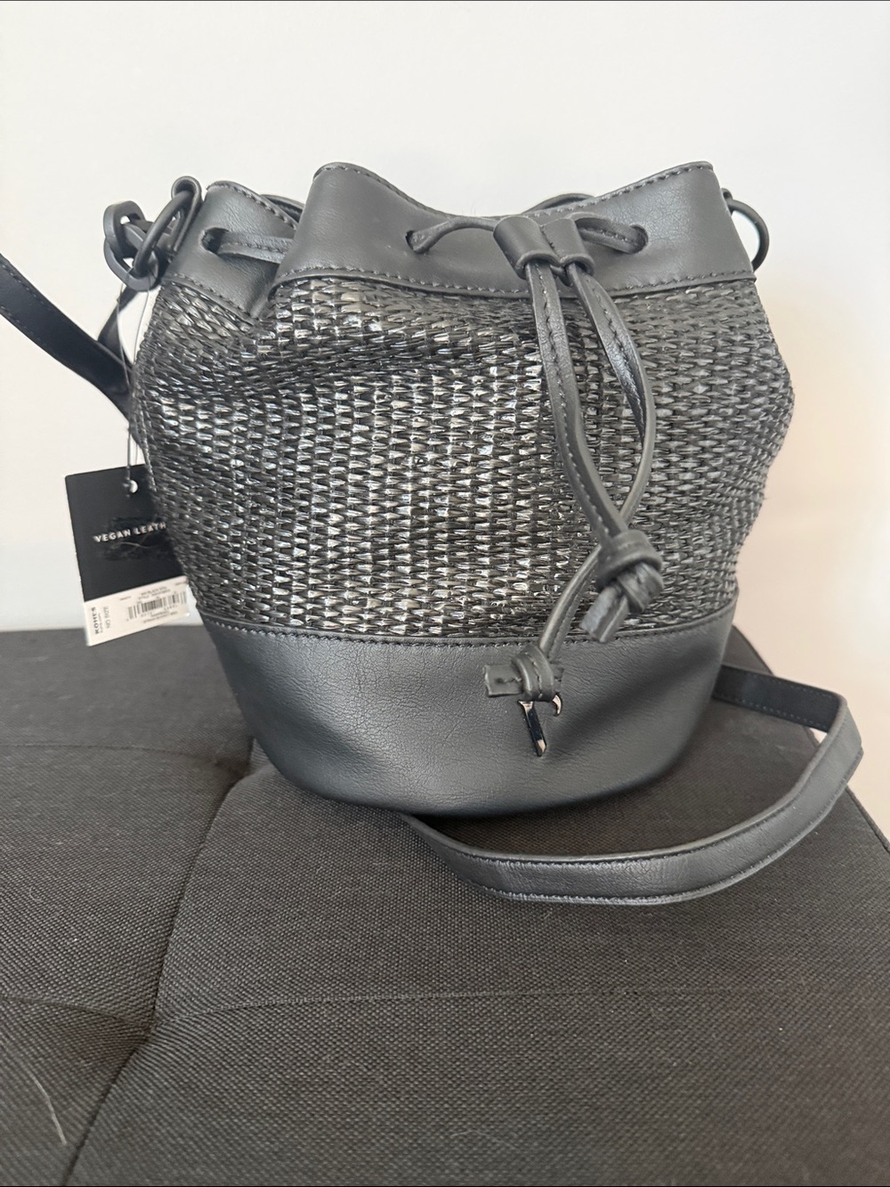 Black Woven Drawstring Crossbody Bucket Bag